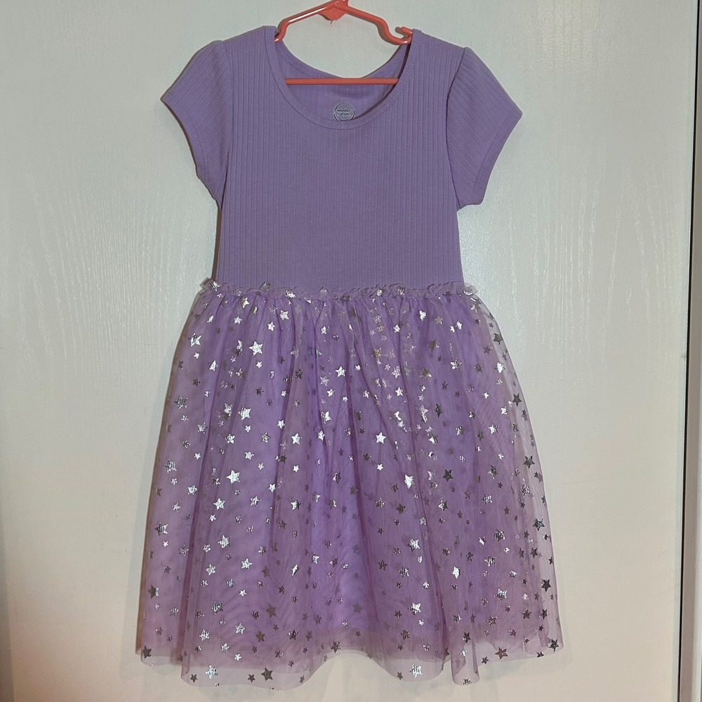 Wonder Nation Girls Purple Star Tutu Dress Silver Foil Lavender Size S 6-6X